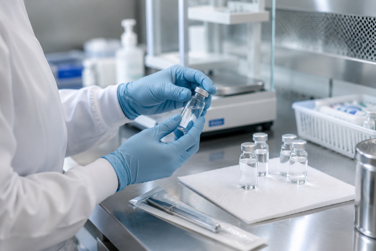 Una tecnica de farmacia preparando viales en un entorno esteril