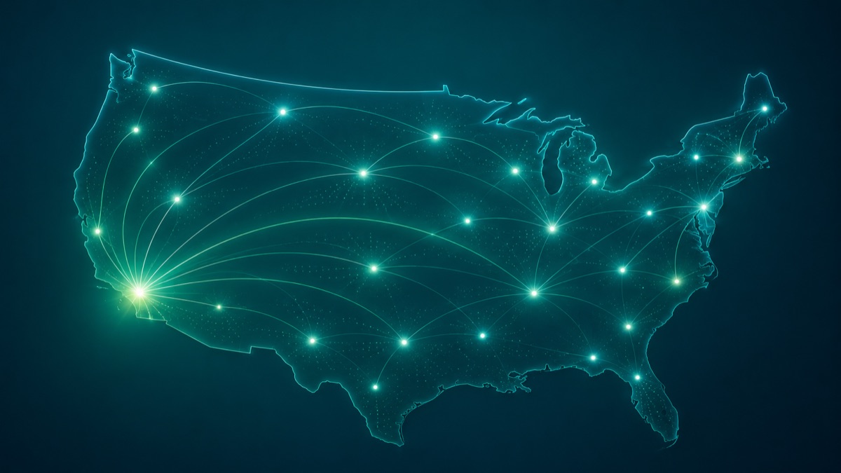 Un mapa estilizado de Estados Unidos que muestra conexion en todo el pais