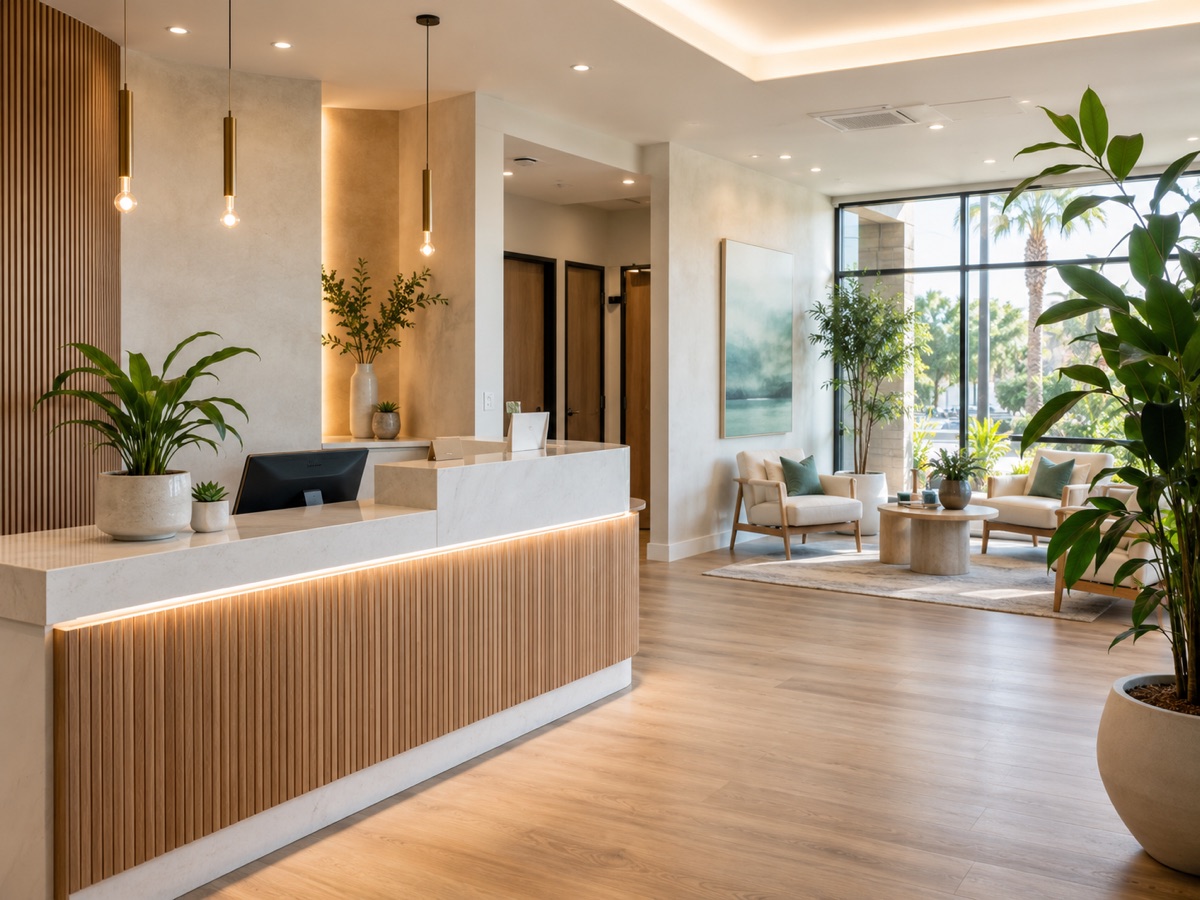 Una recepcion de clinica de bienestar moderna y acogedora con luz natural